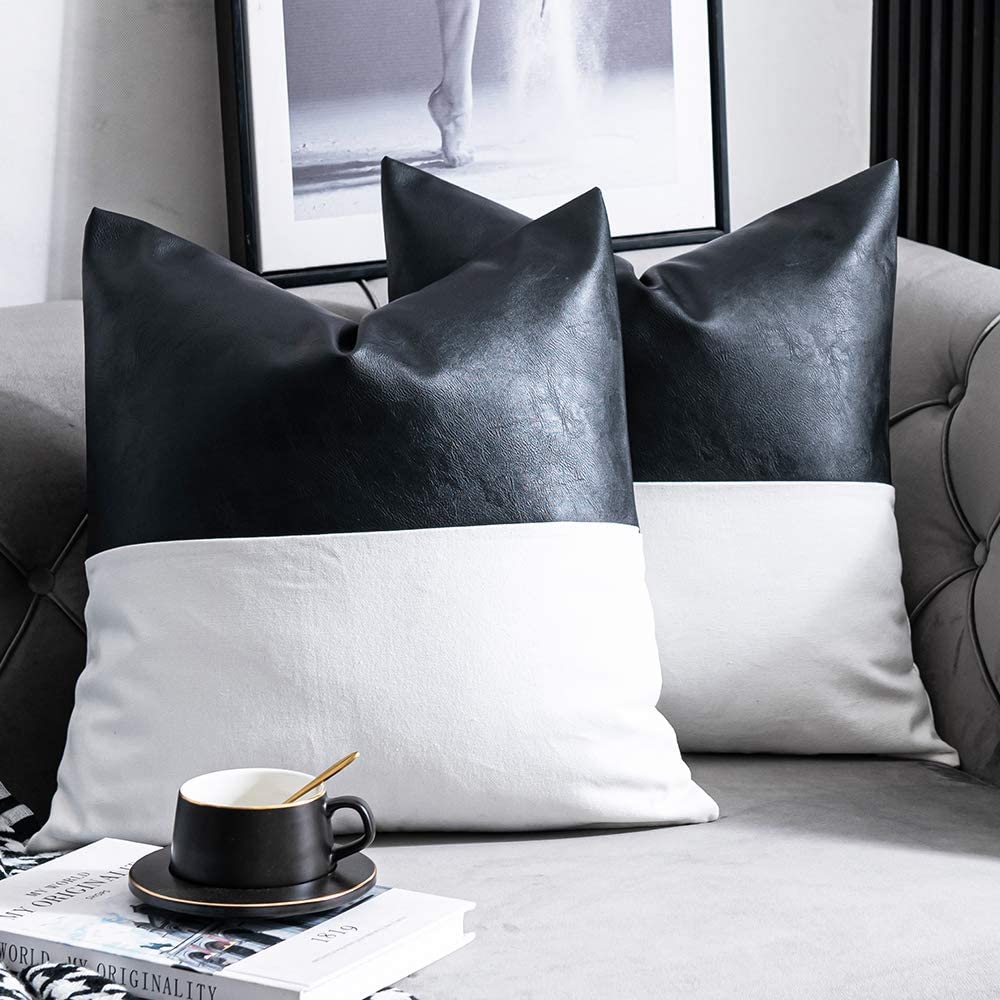 black and white couch pillows - DEZENE Faux Leather with 100% Cotton Decorative Throw Pillow Covers for Couch Bed Sofa