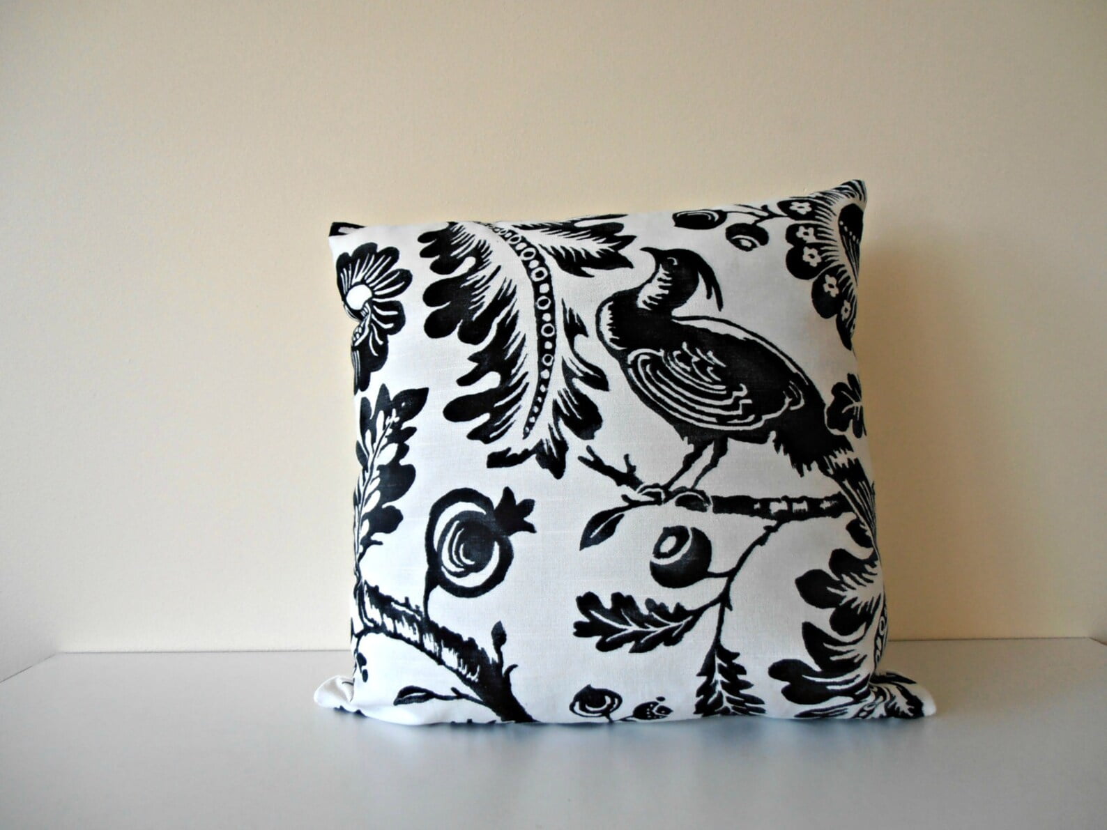 black and white floral pillow - black and white pillow cover - birds and flowers pillow