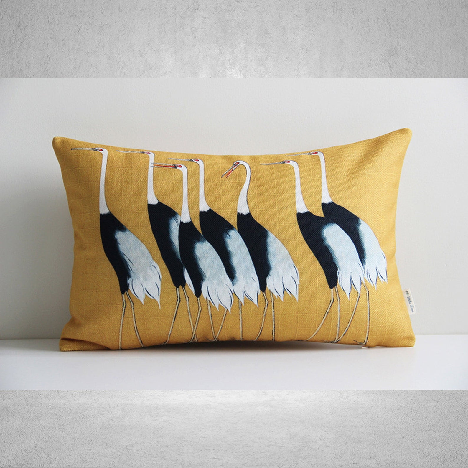 Yellow Pillow - Cranes in Yellow Throw Pillow Cover