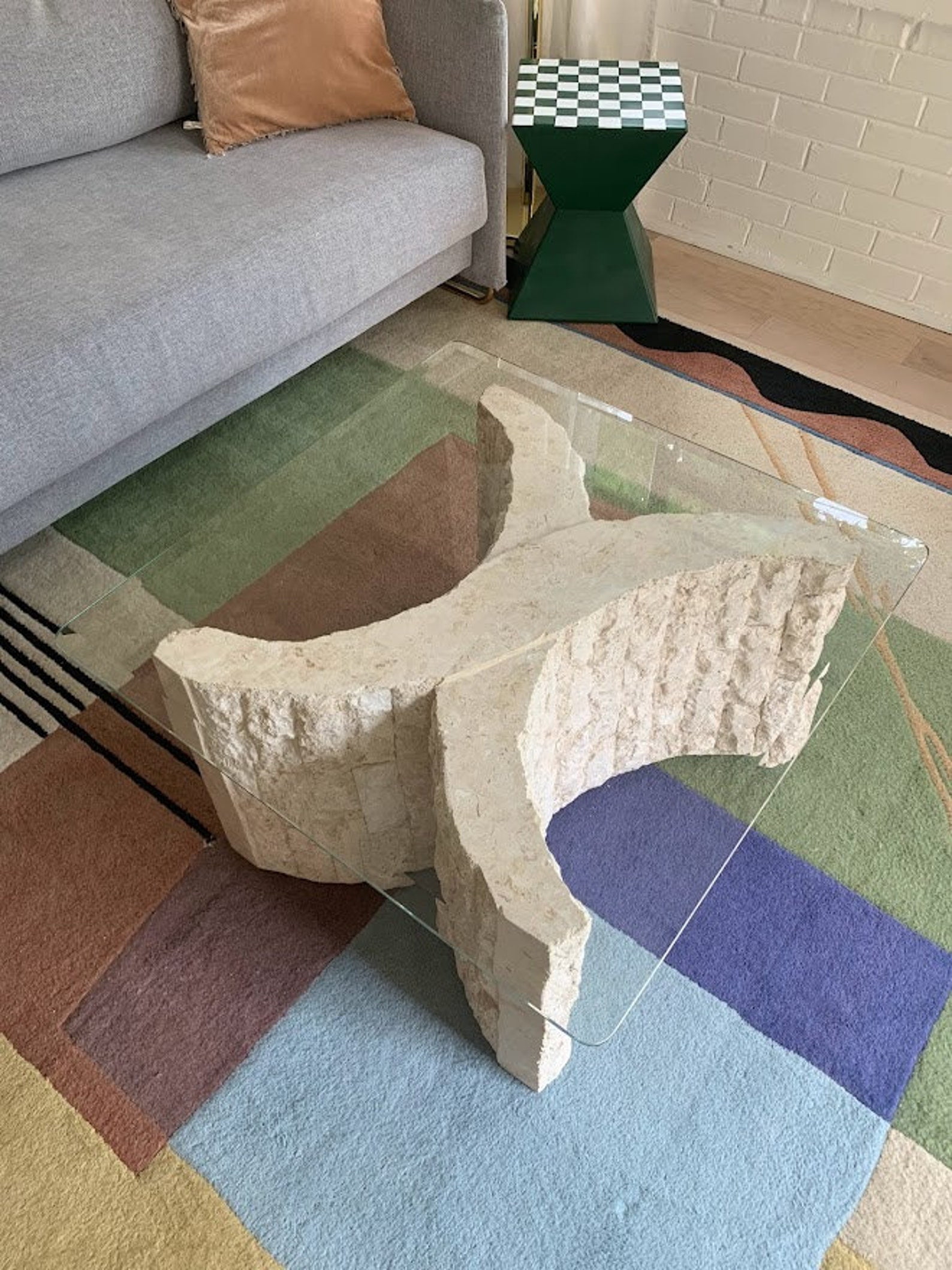 Post Modern Tessellated Stone and Beveled Glass Top X Shape Table, 1980s Sculptural Design Table