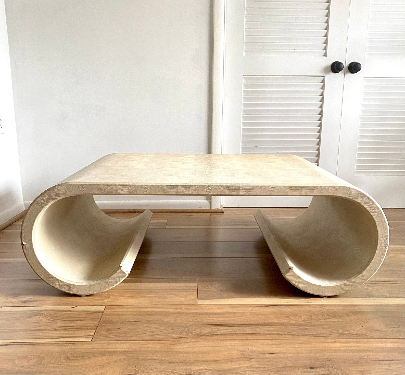 Postmodern Scroll Coffee Table in Style of Karl Springer, Contemporary Scrolled Waterfall Table with Faux Snakeskin Patina, Postmodern Table