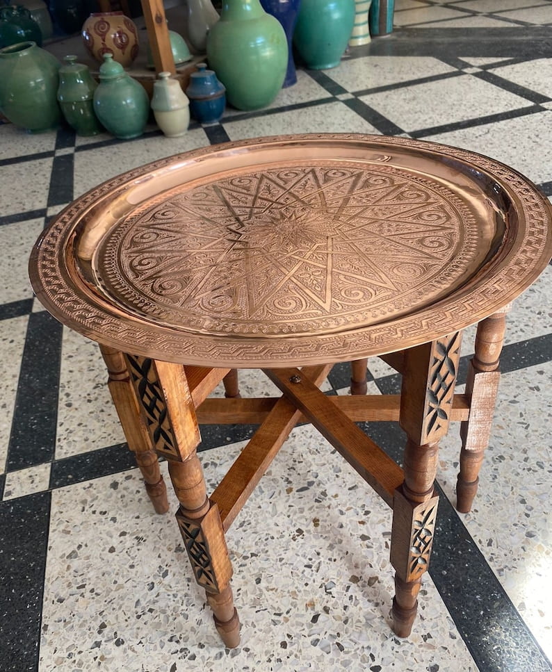 Moroccan brass tea table, Boho Coffee brass table, Large Brass Tray, hand-engraved brass table, authentic copper table , Free shipping