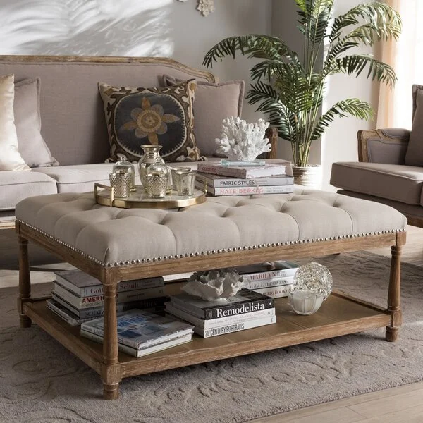 Ventura French Country Weathered Oak Beige Linen Rectangular Coffee Table Ottoman
