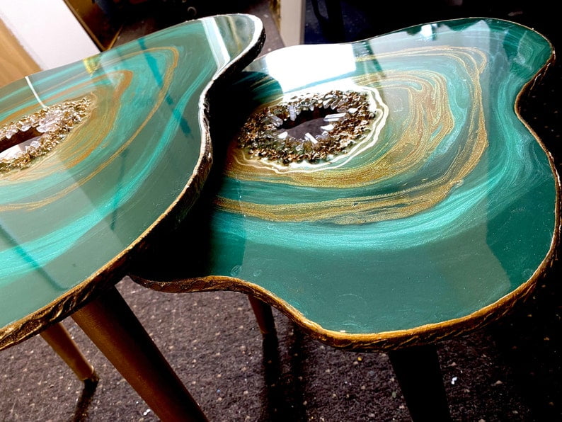 2x Nested geode tables Large Handmade TEAL GOLD Natural Quartz Stones geode Resin Art Painting Emerald agate Coffee/side Table