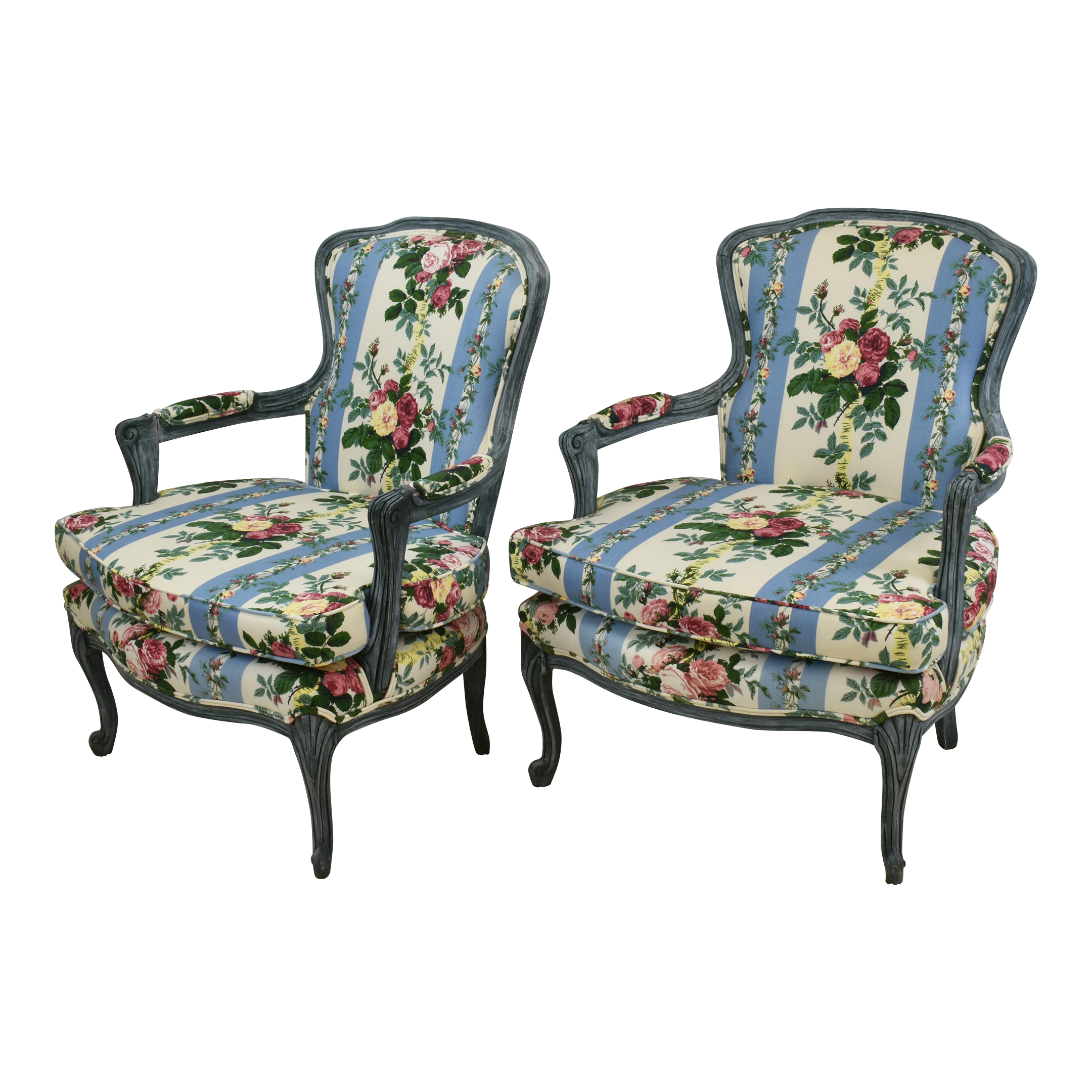 Vintage French Country Louis XV Style Armchairs Carved Details Floral Upholstery - a Pair